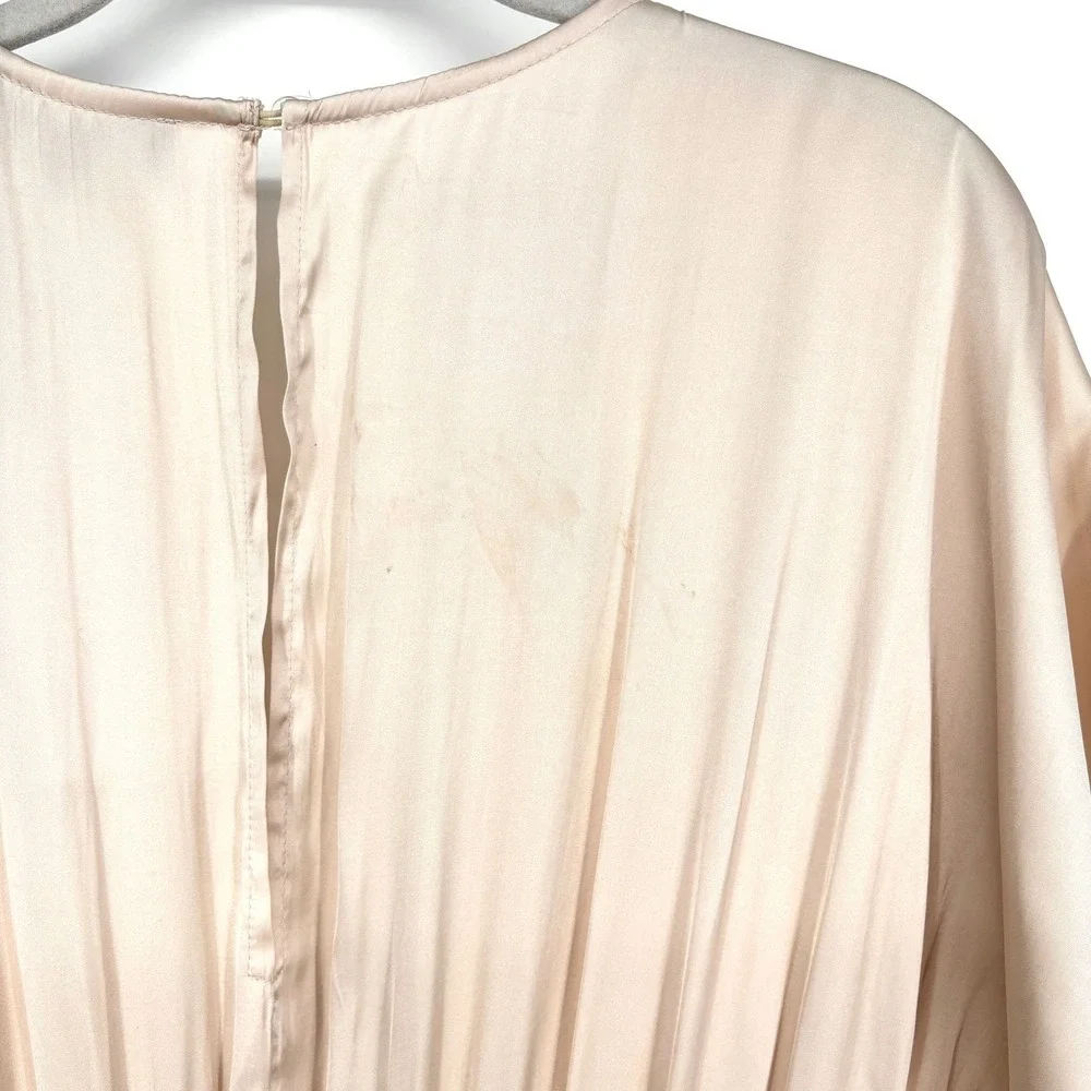 NWT Aakaa Satin Ruched‎ Midi Dress Sheath V Neck Champagne Beige Lined Draped L - Picture 7 of 14